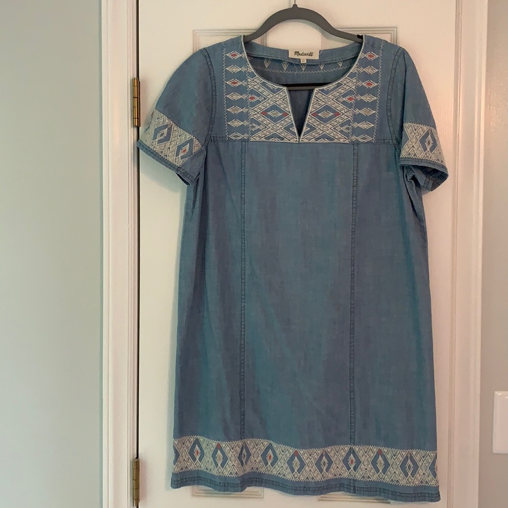 Madewell Light Denim Blue Embroidered Shift Dress